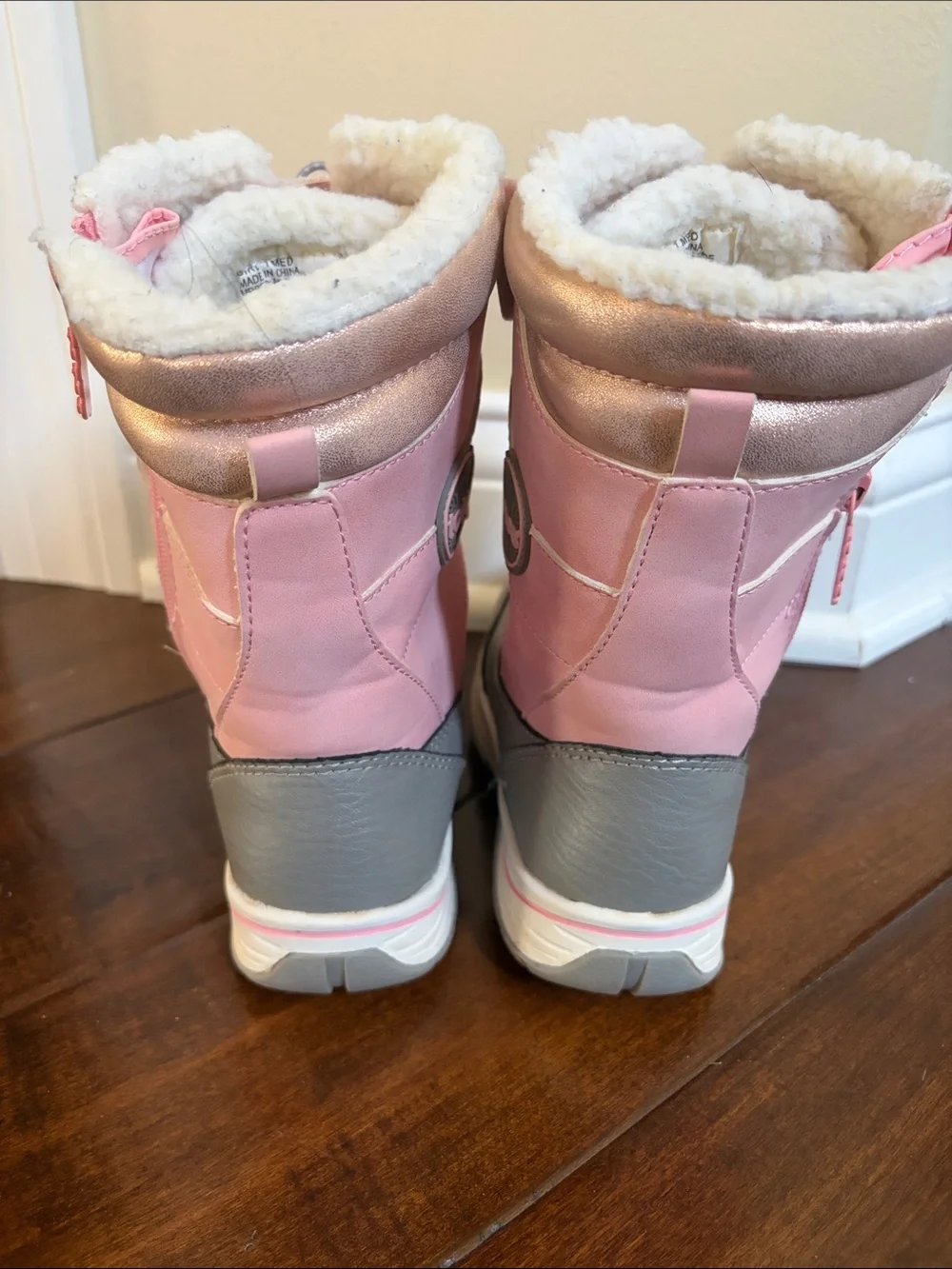 totes Pink and Gray Kids Waterproof Winter Boots with Faux Fur Trim